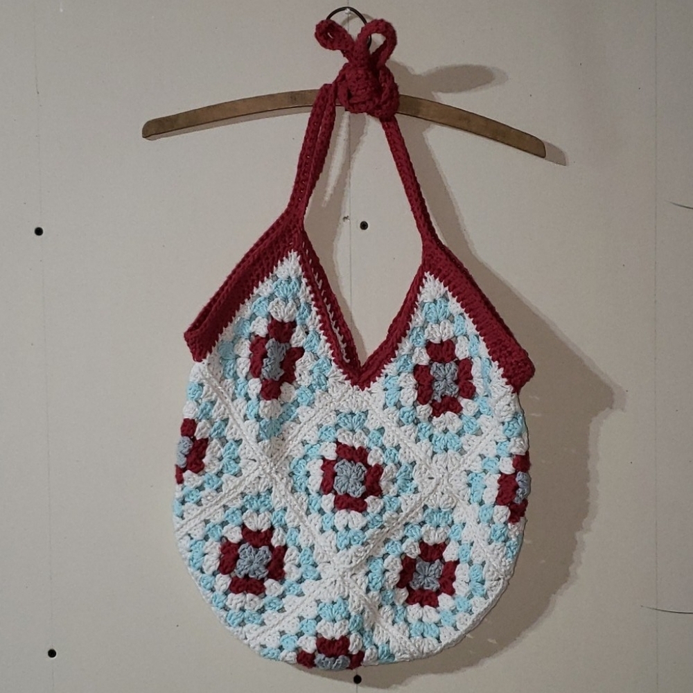 Handmade Vintage Boho Knit Crochet Bag, Granny Square cottagecore white blue
